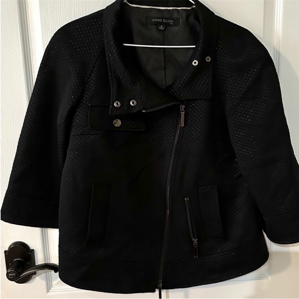 Ann Klein Textured Black Moto Jacket Sz 8